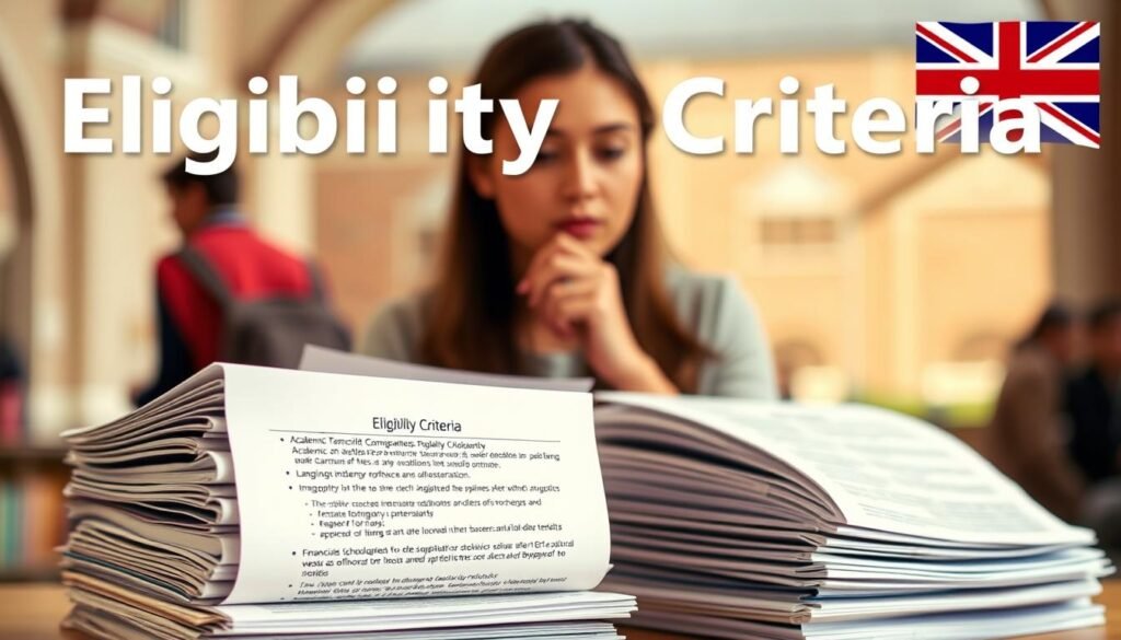 A well-organized, visually appealing image of "eligibility criteria" for an international scholarship application in the UK. In the foreground, a stack of documents and forms with clear headings outlining the key requirements, such as academic transcripts, language proficiency, and financial information. In the middle ground, a thoughtful person reviewing the documents, expression conveying focus and determination. The background features a soft, blurred university campus or study environment, evoking a sense of academic pursuit and opportunity. Warm, natural lighting illuminates the scene, creating a professional, yet approachable atmosphere. The overall composition guides the viewer's eye towards the central elements, effectively communicating the importance of thoroughly understanding and meeting the eligibility criteria.