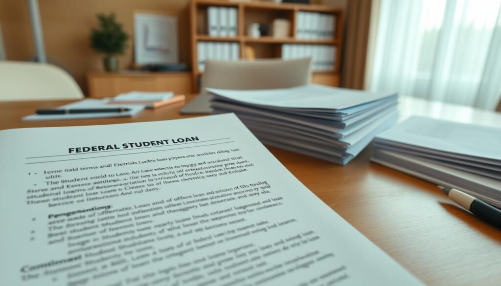A wide-angle view of a detailed federal student loan document, with a crisp, clean aesthetic. The foreground showcases the loan terms and conditions, conveying a sense of seriousness and importance. The middle ground features a stack of government forms and paperwork, suggesting the bureaucratic nature of the process. The background depicts a warm, neutral-toned office setting, with a desk, laptop, and other subtle details that reinforce the professional, academic atmosphere. The lighting is soft and diffused, creating a sense of calm and clarity. The overall composition emphasizes the weight and gravity of federal student loans, positioning them as a significant financial decision.
