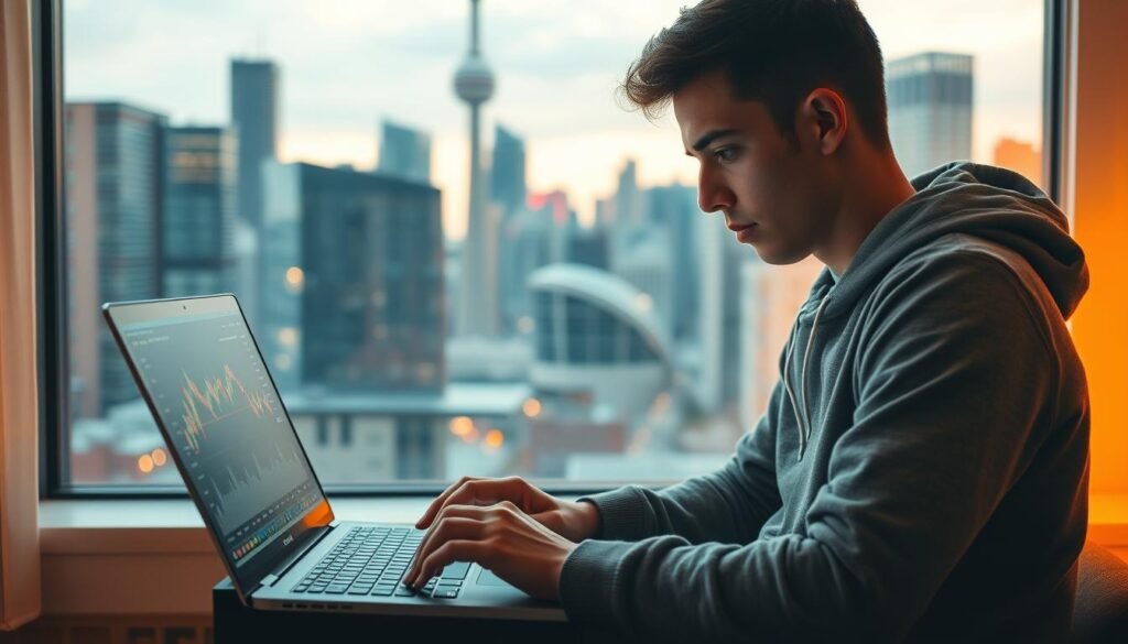 A young Canadian student sitting at a laptop, intently studying cryptocurrency charts and graphs. The scene is bathed in a warm, amber-hued lighting, creating a focused, contemplative atmosphere. In the background, a cityscape of Toronto's iconic skyscrapers is visible through the window, hinting at the broader economic and technological landscape. The student's expression is one of deep concentration, reflecting the importance and potential of these emerging digital assets. The image conveys a sense of opportunity, education, and the student's active engagement with the dynamic world of cryptocurrency.