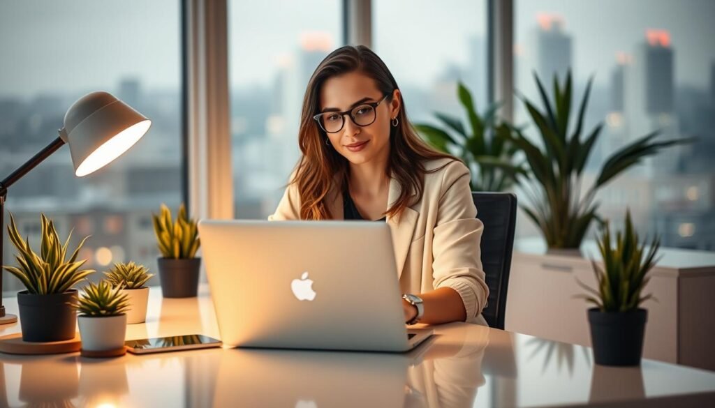 A young, confident professional sitting at a sleek, minimalist desk, intently focused on a laptop screen, surrounded by modern office decor and potted plants. Soft, warm lighting illuminates the scene, creating a cozy and productive atmosphere. The person's attire suggests a stylish, casual-yet-polished look, reflecting the dynamic nature of their role as a social media manager. The background features a blurred city skyline, hinting at the remote and flexible nature of this coveted position.