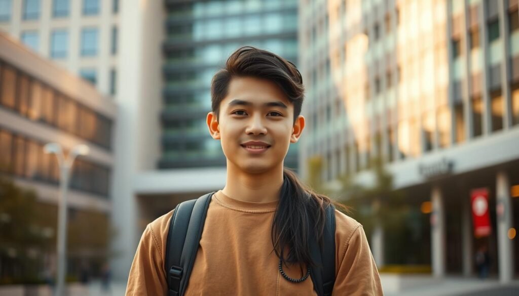 A young international student, dressed in casual attire, standing confidently in front of a backdrop of modern university buildings. The scene is bathed in warm, soft lighting, creating a welcoming and inclusive atmosphere. The student's expression conveys a sense of determination and optimism, reflecting the opportunities available through merit-based international scholarships in Canada. The foreground is sharp and in focus, while the background is gently blurred, emphasizing the student as the central subject. The overall composition and tone evoke a sense of personal growth, academic excellence, and the transformative potential of international education.