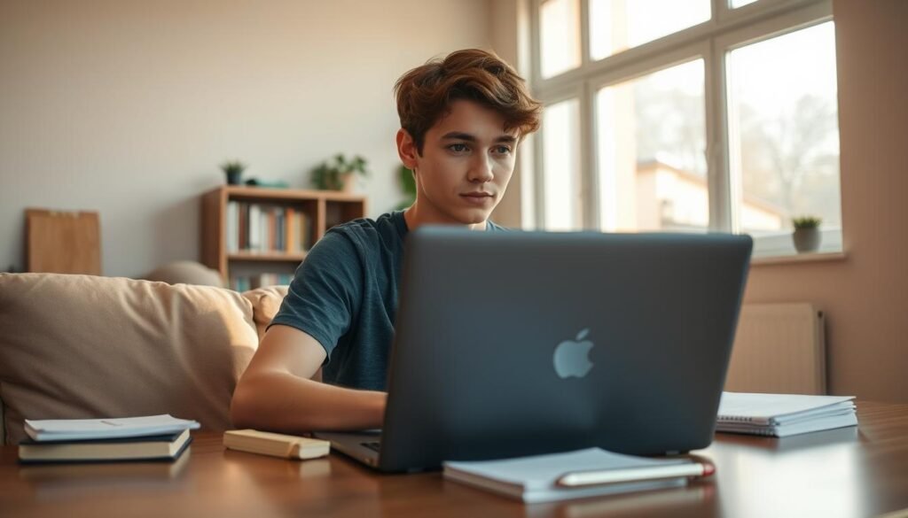 A young person sitting comfortably at a desk, their laptop open in front of them, with a stack of papers and a pen nearby. The room is well-lit, with warm, natural lighting filtering in through a large window, casting a soft glow on the scene. The person's expression is one of concentration and focus, reflecting their dedication to their studies. The background is uncluttered, with a sense of order and organization, creating a calming and productive atmosphere. The overall impression is one of settled status, where the individual has a stable environment to pursue their educational goals. A young person sitting comfortably at a desk, their laptop open in front of them, with a stack of papers and a pen nearby. The room is well-lit, with warm, natural lighting filtering in through a large window, casting a soft glow on the scene. The person's expression is one of concentration and focus, reflecting their dedication to their studies. The background is uncluttered, with a sense of order and organization, creating a calming and productive atmosphere. The overall impression is one of settled status, where the individual has a stable environment to pursue their educational goals.