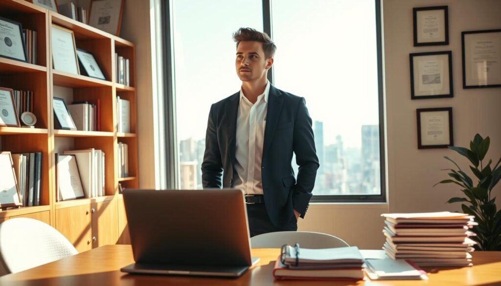 A young professional in a crisp white shirt and navy blazer stands in a sunlit office, gazing pensively out a large window. Bookshelves and framed certificates line the walls, suggesting a journey of education and ambition. In the foreground, a desk displays a laptop, a planner, and neatly stacked folders, representing the tools and organization needed to achieve one's goals. The lighting is warm and natural, conveying a sense of focus and determination. Through the window, the city skyline stretches out, hinting at the boundless opportunities awaiting the individual. This scene encapsulates the clarity of purpose and the pursuit of a meaningful career identity.