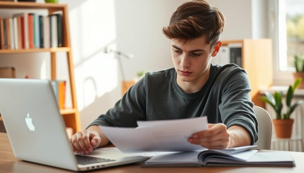 A young student sits at a desk, poring over financial documents and a laptop, brow furrowed in concentration. Soft, natural lighting filters in through a window, casting a warm glow on the scene. In the background, a bookshelf and potted plants hint at a cozy, study-friendly environment. The student's expression conveys a sense of purpose and determination as they navigate the complexities of debt consolidation. The image captures the challenges and focus required for students in Australia to effectively manage their finances.