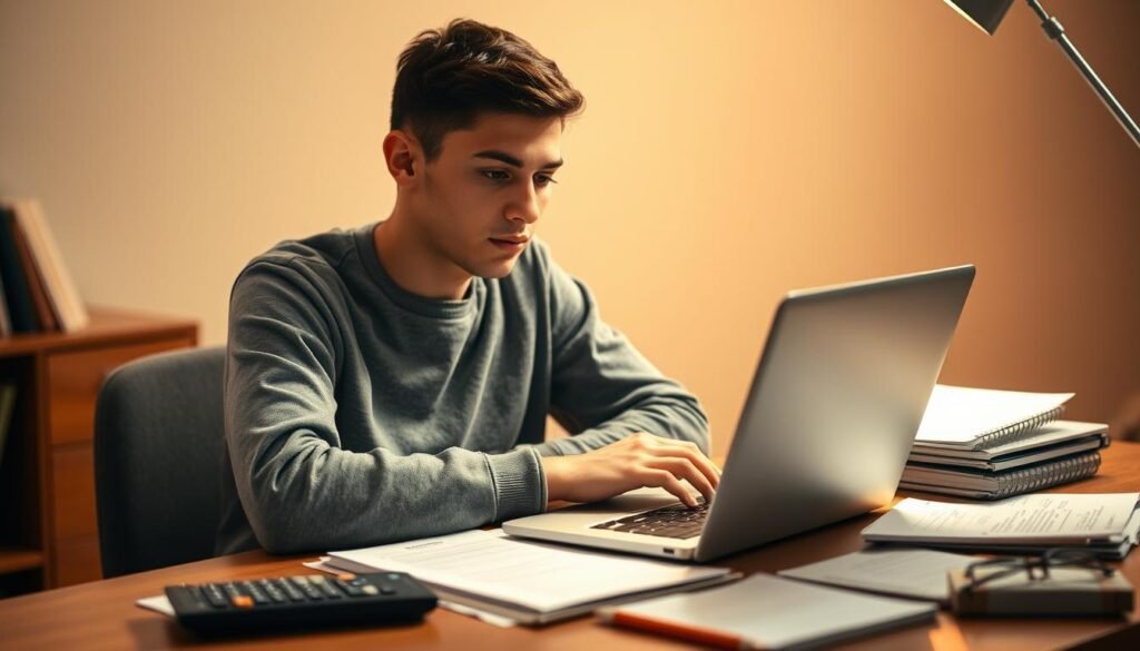 A young student sitting at a desk, intently focused on a laptop, surrounded by budgeting materials and financial documents. Soft, warm lighting illuminates the scene, creating a focused, studious atmosphere. The student's expression is one of determination, as they navigate strategies to boost their income and manage their finances efficiently. The desk is neatly organized, with a calculator, a planner, and various note-taking supplies, reflecting the student's commitment to their budgeting process. The background is blurred, emphasizing the centrality of the student's diligent efforts to save money and protect their financial future. A young student sitting at a desk, intently focused on a laptop, surrounded by budgeting materials and financial documents. Soft, warm lighting illuminates the scene, creating a focused, studious atmosphere. The student's expression is one of determination, as they navigate strategies to boost their income and manage their finances efficiently. The desk is neatly organized, with a calculator, a planner, and various note-taking supplies, reflecting the student's commitment to their budgeting process. The background is blurred, emphasizing the centrality of the student's diligent efforts to save money and protect their financial future.