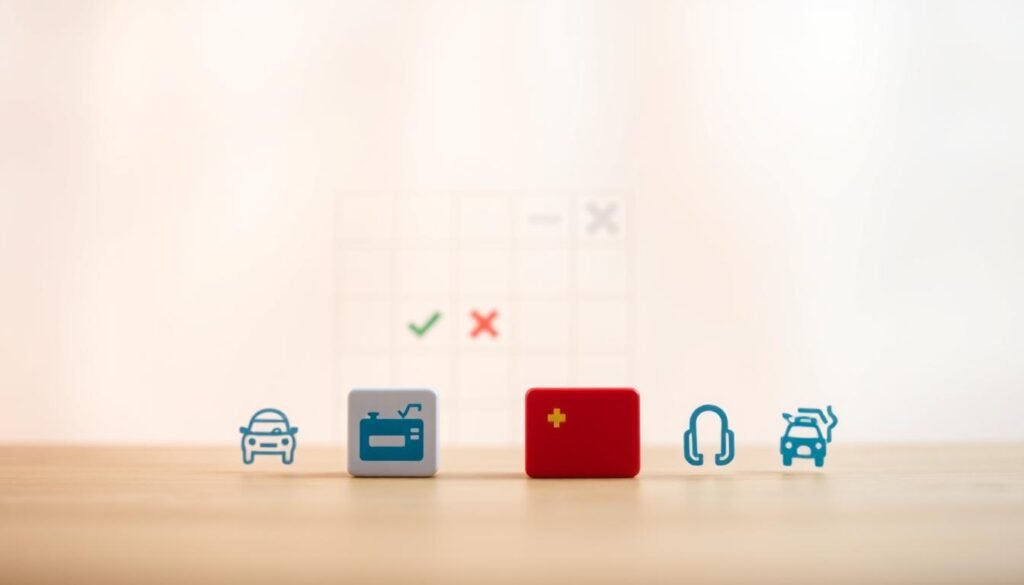 An array of car insurance coverage options against a soft, blurred background. In the foreground, various icons and symbols representing liability, collision, comprehensive, and personal injury protection policies. The icons are rendered in a minimalist, flat design style with clean lines and vibrant colors. The middle ground features a subtle grid or matrix layout, suggesting the comparative and customizable nature of the coverage choices. The lighting is soft and diffused, creating a sense of calm and thoughtfulness. The overall mood is one of considered deliberation, as a graduate student on a budget carefully weighs their insurance needs.