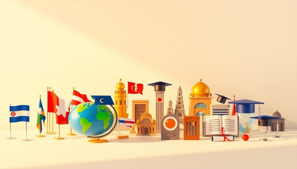 An array of international scholarship opportunities, each a vibrant icon against a clean, minimalist backdrop. Crisp, high-resolution rendering captures the diverse programs, from flags and globes to diplomas and graduation caps. Warm, directional lighting illuminates the foreground, casting subtle shadows to create depth and dimension. The composition is balanced, with the icons strategically positioned to draw the viewer's eye across the frame. An overall sense of opportunity, discovery, and global connectivity permeates the scene, reflecting the spirit of the featured scholarships.