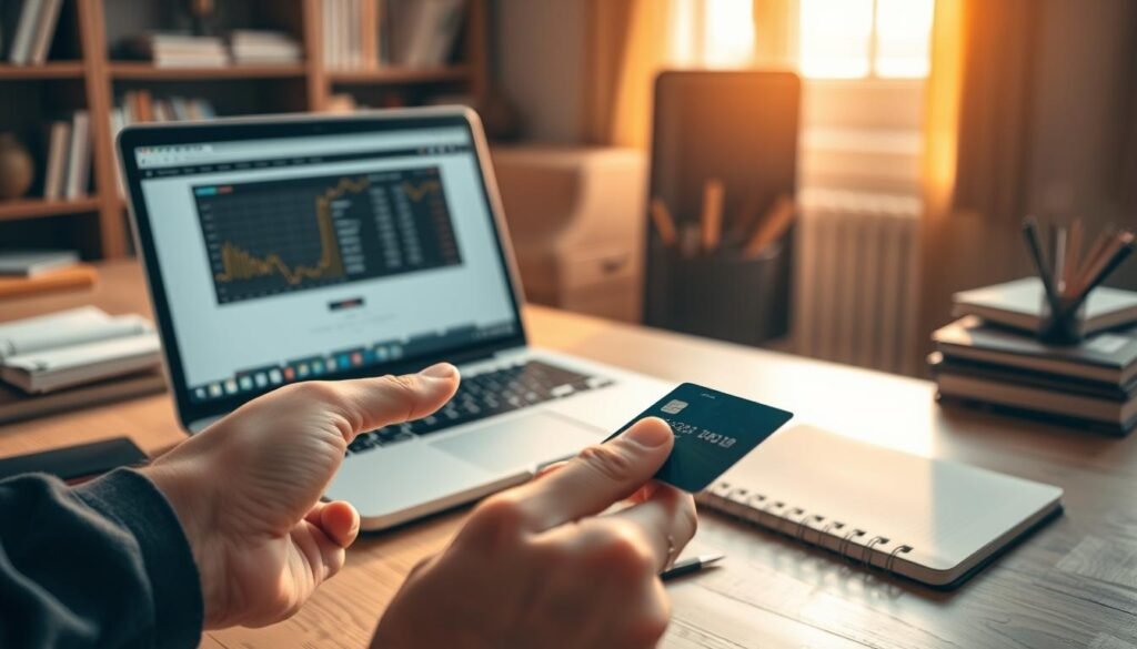 An editorial desk with a laptop, credit cards, and a notebook, illuminated by warm, natural lighting from a nearby window. In the foreground, a hand holds a credit card, examining it thoughtfully. The middle ground features the laptop screen displaying financial data, while the background showcases a bookshelf and other office accessories, suggesting a studious, methodical approach to evaluating student credit card options. The overall atmosphere conveys a sense of careful deliberation and expertise in selecting the best student credit cards.