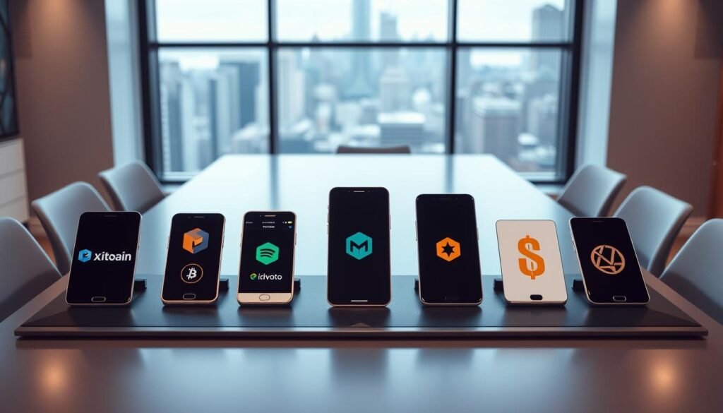 An editorial office table with a sleek, modern design. On the tabletop, a selection of the top-performing cryptocurrency trading apps and exchange platforms for U.S. users are displayed, their logos and branding prominently featured. The lighting is soft and diffused, creating a professional, authoritative atmosphere. The background is a clean, minimalist workspace, with a large window overlooking a cityscape in the distance. The overall composition conveys a sense of expertise, curation, and trust in the editor's choices for the best and safest crypto trading platforms.