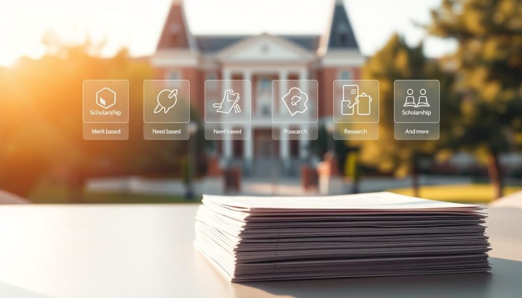 An elegant desktop with a clean, minimalist aesthetic. In the foreground, a stack of graduate school application materials sits neatly organized, symbolizing the start of the scholarship journey. The middle ground features a series of transparent digital filters, each representing a different type of scholarship - merit-based, need-based, research-focused, and more. The background showcases a softly blurred university campus, hinting at the end goal of securing funding for advanced education. Warm, natural lighting creates a sense of focus and purpose, while the overall composition conveys a streamlined, deliberate approach to navigating the scholarship landscape.