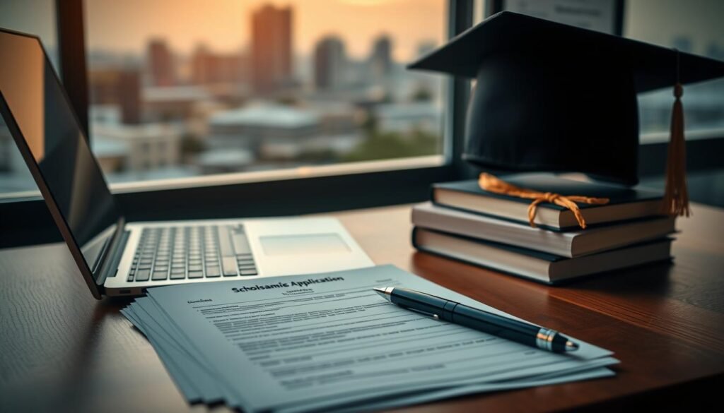 An elegant desktop with a laptop, books, and a mortar board resting on a wooden surface, illuminated by warm, directional lighting from the side. In the foreground, a stack of scholarship application forms and a pen, hinting at the opportunities available for online students. The background features a subtle blurred cityscape, suggesting the broader context of higher education. The overall mood is one of focus, opportunity, and the promise of academic success for distance learners. An elegant desktop with a laptop, books, and a mortar board resting on a wooden surface, illuminated by warm, directional lighting from the side. In the foreground, a stack of scholarship application forms and a pen, hinting at the opportunities available for online students. The background features a subtle blurred cityscape, suggesting the broader context of higher education. The overall mood is one of focus, opportunity, and the promise of academic success for distance learners.