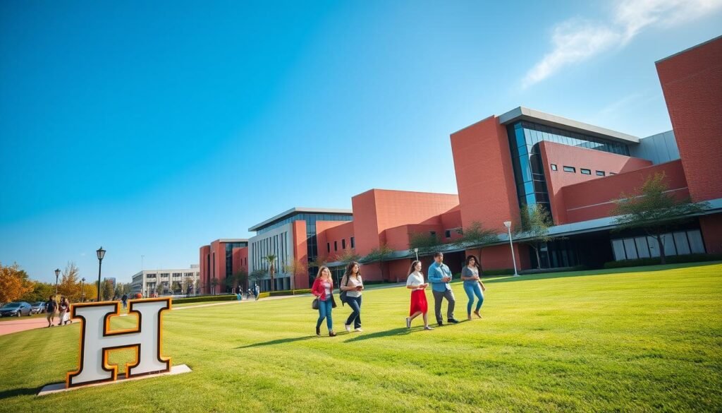 An elegant, modern university campus against a clear blue sky. In the foreground, the iconic University of Houston "cougar" logo stands prominently, casting a warm, inviting glow. The middle ground features a group of diverse students walking across a well-manicured lawn, books in hand, symbolizing the academic opportunities available. In the background, the university's signature red-brick buildings and sleek, contemporary architecture create an atmosphere of intellectual rigor and innovation. Soft, directional lighting accentuates the campus' clean lines and vibrant colors, conveying a sense of opportunity, exploration, and the pursuit of knowledge.
