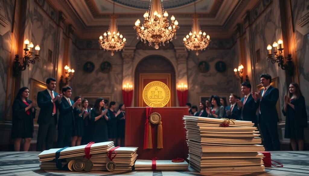 An elegant scholastic setting with a central podium adorned with a prestigious award, backlit by a warm glow. In the foreground, a stack of diploma certificates and medals, symbolizing academic excellence. The middle ground features students in formal attire, applauding and beaming with pride. The background showcases a grand, marble-clad hall with ornate chandeliers, evoking a prestigious academic institution. Soft, directional lighting casts dramatic shadows, heightening the sense of occasion. The overall atmosphere conveys a celebratory, inspiring mood befitting the honor of earning scholarships and awards.