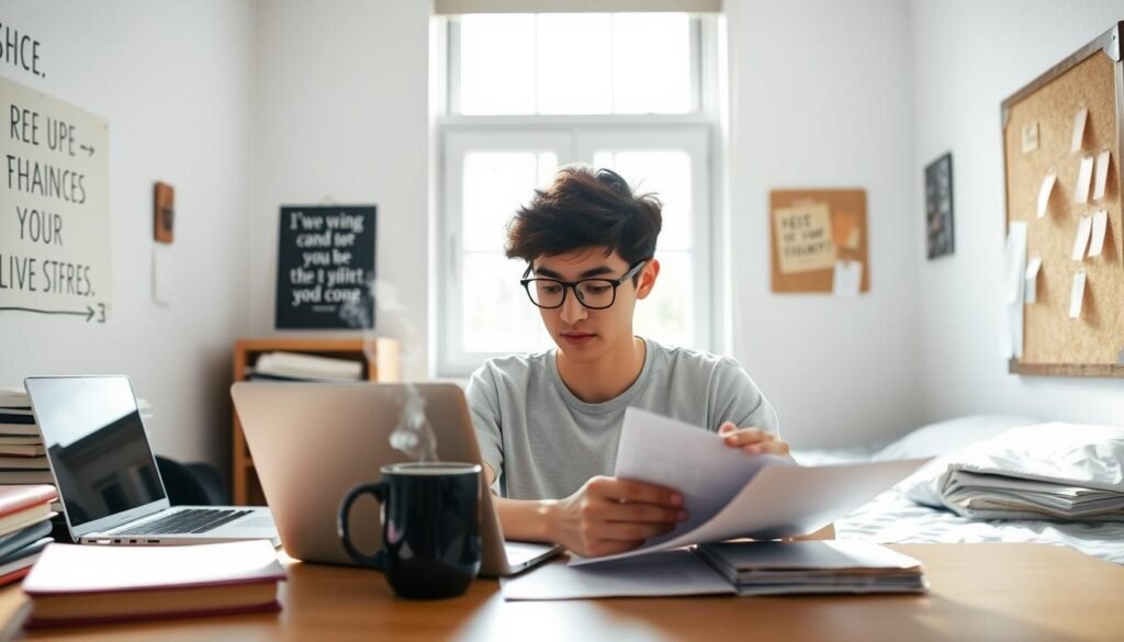 An interior scene of a college dorm room, well-lit by natural light streaming through a large window. On a desk, a laptop, some books, and a steaming mug of coffee sit neatly arranged. The walls are adorned with inspiring quotes and a cork board displaying reminders and notes. In the foreground, a young student, dressed casually, is seated at the desk, intently studying financial documents and a calculator. The atmosphere is focused yet calming, conveying a sense of productive efficiency. The overall mood is one of a student actively taking steps to manage their finances and save money.