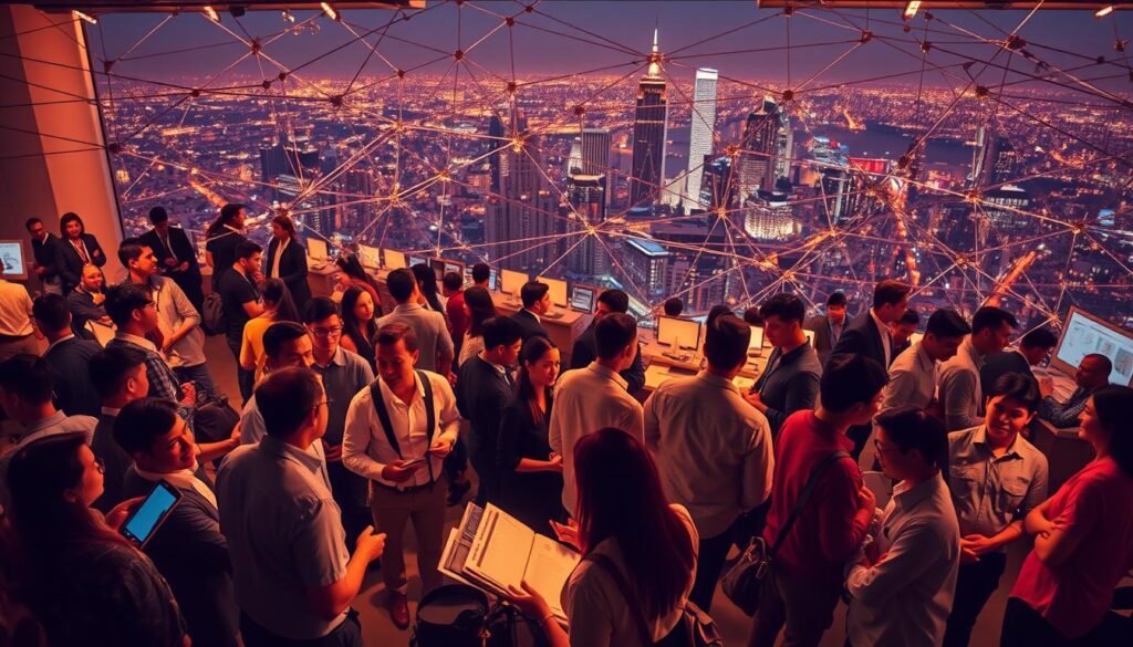 An intricate network of interconnected resources for job seekers, illuminated by warm, focused lighting and captured from a slightly elevated, wide-angle perspective. In the foreground, a diverse group of people - international students, career coaches, and industry professionals - are engaged in dynamic conversations, sharing knowledge and forging connections. The middle ground features a tapestry of digital and physical resources, including job postings, career guidance materials, and networking platforms, all seamlessly woven together. In the background, a vibrant cityscape sets the stage, hinting at the wealth of opportunities that lie beyond. The overall atmosphere conveys a sense of collaboration, empowerment, and the promise of success for those navigating the job search journey.
