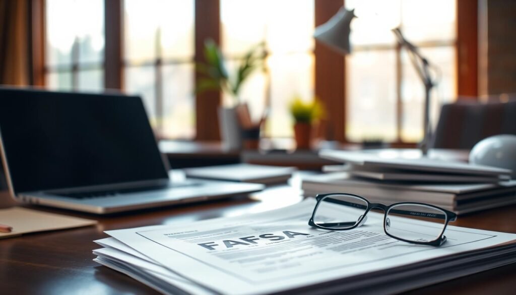 An office desk with a laptop, books, and a desk lamp, illuminated by warm, natural lighting from a large window. In the foreground, a stack of papers labeled "FAFSA" (Free Application for Federal Student Aid) and a pair of reading glasses, suggesting the process of checking eligibility for federal student aid. The background is blurred, creating a sense of focus on the important documents and task at hand. The overall atmosphere is one of thoughtfulness and diligence, reflecting the seriousness of the subject matter.