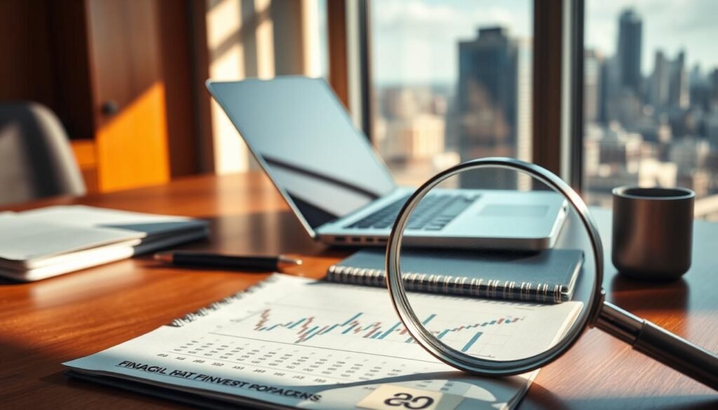 An office desk with a laptop, notebook, and pen, bathed in warm, directional lighting, casting subtle shadows. In the foreground, a magnifying glass highlights a financial chart, symbolizing the need to carefully examine one's goals before investing. The background features a cityscape through a window, representing the broader financial landscape. The overall atmosphere conveys a sense of thoughtful contemplation and strategic planning.