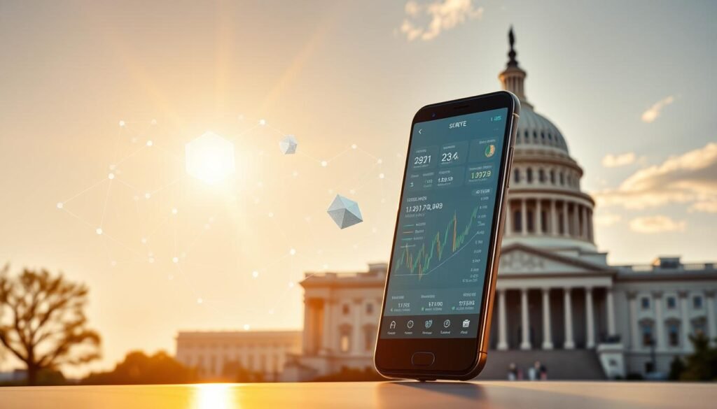 An ultra-secure crypto trading app set against a backdrop of the U.S. Capitol building, illuminated by warm, golden sunlight. In the foreground, a sleek, futuristic mobile device displays a clean, minimalist user interface with encrypted data visualizations. The middle ground features a stylized representation of blockchain technology, with geometric patterns and data streams converging to convey a sense of safety and reliability. The background showcases the iconic dome of the U.S. Capitol, symbolizing the app's compliance with American financial regulations and trustworthiness for U.S. users.