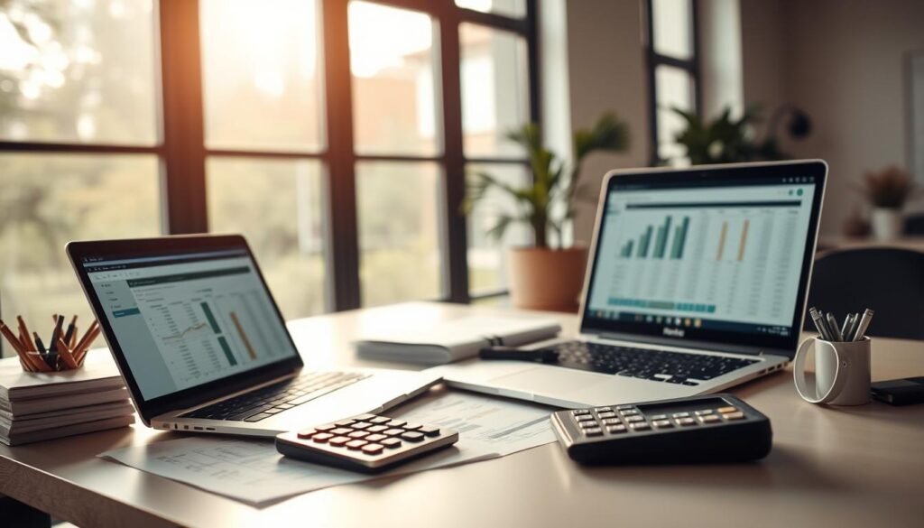 Assess income and expenses: a modern office scene with a desk, laptop, calculator, and financial documents. Soft natural lighting filters through large windows, evoking a sense of focus and clarity. The arrangement of the items conveys a methodical approach to personal finance, with the laptop displaying spreadsheets and the calculator ready to crunch the numbers. The overall mood is one of thoughtful analysis, as the viewer is drawn into the process of gaining a clear financial picture.