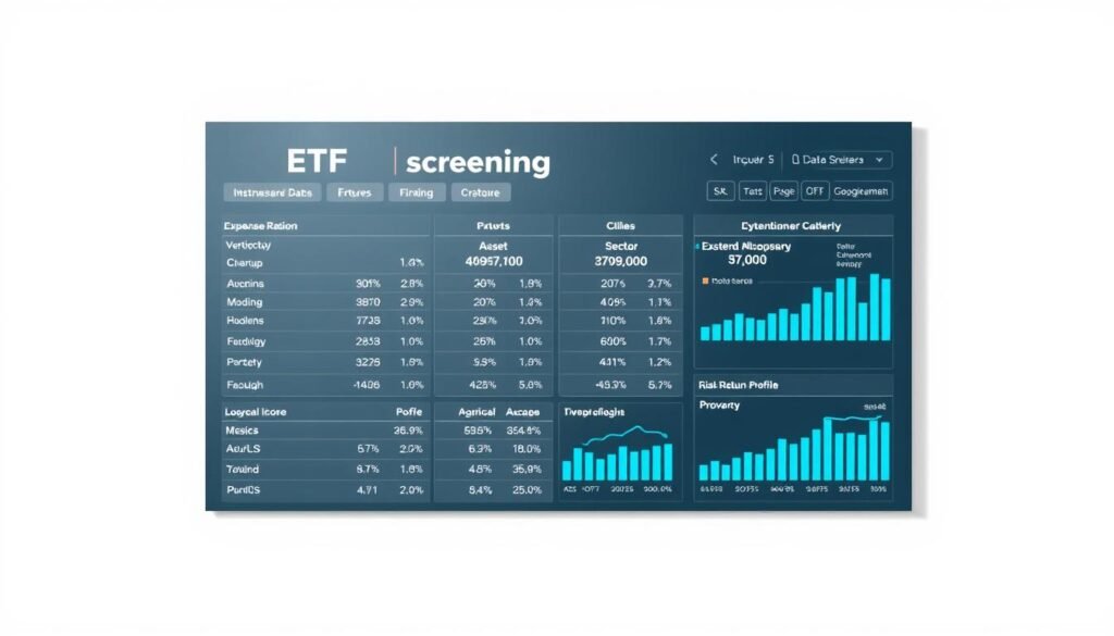 Crisp, sleek data dashboard showcasing ETF screening criteria against a modern, minimalist background. Bright, clean typography highlights key metrics like expense ratios, diversification, and performance. Intuitive, infographic-style visualization of factors like asset allocation, sector exposure, and risk-return profile. Precise, technical layout with a balance of statistical information and visual clarity. Evokes a sense of informed decision-making and data-driven investing. Soft, directional lighting accentuates the clean, professional aesthetic. Captures the essence of a robust, thoughtful ETF selection process.