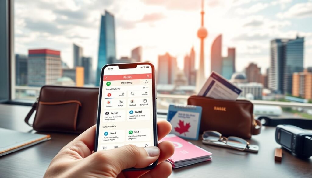 Detailed illustration of various practical features for international students in Canada, captured in a sleek, modern style. Prominent in the foreground, a smartphone displaying budgeting app interfaces, with intuitive icons and streamlined design. In the middle ground, essential everyday items like a wallet, calendar, and transportation pass, symbolizing the financial management needs of students. The background showcases a vibrant cityscape, hinting at the dynamic urban environment international students navigate. Warm, natural lighting illuminates the scene, creating a sense of approachability and functionality. Captured with a wide-angle lens to convey a comprehensive perspective on the student experience.
