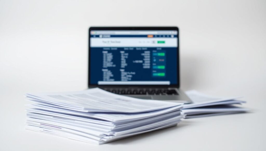 Eligibility and proof of funds: a financial document collage on a clean, minimalist background. In the foreground, a stack of official-looking documents, crisp and detailed, representing visa application forms, bank statements, and financial records. In the middle ground, a laptop displaying a secure online banking interface, conveying the digital aspect of financial management. The background features a subtle gradient or muted texture, keeping the focus on the central financial documents. The overall composition should exude a sense of professionalism, organization, and attention to detail, reflecting the requirements for securing a study permit and demonstrating financial capability.