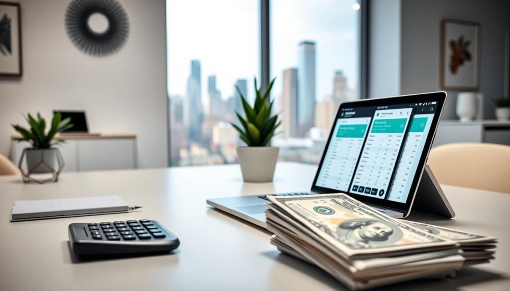 Prompt A clean, well-lit office scene with a laptop, smartphone, and financial planning apps displayed on the screen. In the foreground, a stack of US dollar bills and a calculator. In the middle ground, a potted plant and a stylish desk organizer. The background features a minimalist wall decor and a large window overlooking a bustling city skyline. The overall mood is focused, productive, and aspirational, conveying the benefits of using budgeting apps to manage finances effectively.