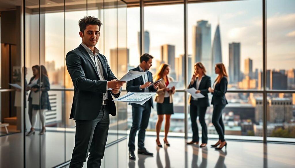 Prompt A dynamic scene of career development unfolding in a contemporary Canadian setting. In the foreground, a young professional stands confidently, studying career growth charts and documents against a backdrop of a sleek, glass-walled office. The midground features a team of colleagues engaged in a lively discussion, their body language conveying a sense of collaboration and shared purpose. In the background, the cityscape of a major Canadian metropolis provides an aspirational setting, with towering skyscrapers and a vibrant urban landscape. Warm, directional lighting illuminates the scene, creating a sense of ambition and opportunity. The overall atmosphere evokes an air of professionalism, progress, and the promise of a rewarding career journey in Canada.