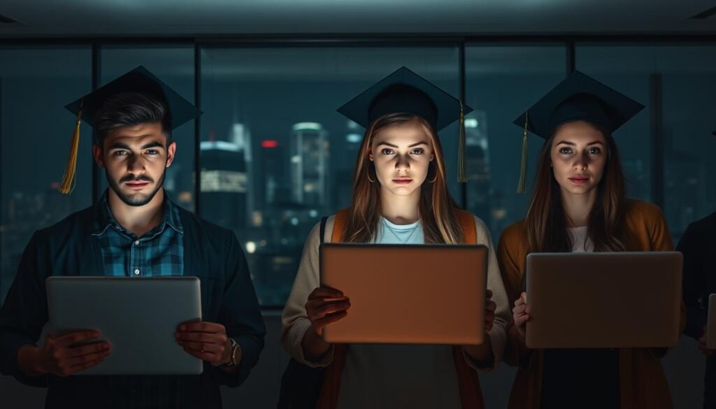 Recent college graduates standing in a dimly lit office, their faces lit by the glow of laptop screens. They wear expressions of uncertainty, expectation, and determination as they navigate the job market, their AI-powered resumes and skills showcased in the foreground. The background reveals a cityscape of towering skyscrapers, hinting at the competitive landscape they face. Soft, warm lighting casts a pensive mood, reflecting the mix of hope and anxiety that comes with this pivotal life stage.