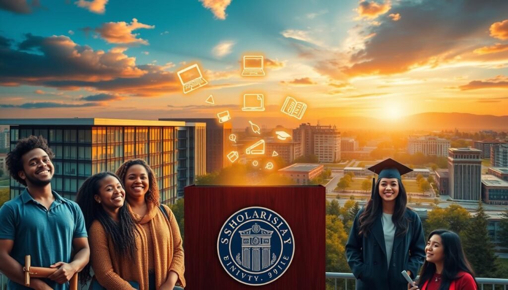 Scholarships for students: A vibrant landscape of opportunity. In the foreground, a group of diverse students, their faces alight with hope and determination, gathered around a podium adorned with the seal of a prestigious university. In the middle ground, a series of floating, illuminated scholarship icons - books, laptops, graduation caps - symbolizing the varied avenues of financial support available. The background is a sweeping panorama of modern campus buildings, set against a sky ablaze with golden-hour light, conveying a sense of academic excellence and boundless potential. The overall scene evokes a mood of inspiration, empowerment, and the transformative power of education made accessible through scholarships.