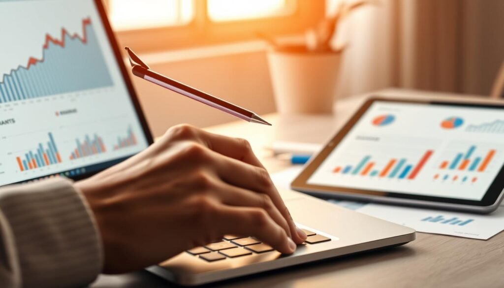 Sleek, minimalist image showcasing the methodology of screening ETFs. A clean, well-lit desktop setup with a laptop, tablet, and various analytical tools - charts, graphs, and financial data dashboards. In the foreground, a hand holding a pen hovers over the laptop, deep in thought. The background is soft-focused, hinting at the broader financial landscape. Warm, professional lighting creates a sense of focus and productivity. The overall mood is one of diligent research, data-driven decision making, and the journey to identifying top-performing ETFs.