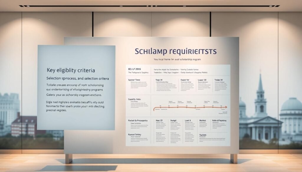 Sleek, modern scholarship requirements display board, illuminated by soft, directional lighting. In the foreground, a floating display of key eligibility criteria and selection process, rendered in a minimalist, typographic style. The middle ground features a large, high-resolution infographic detailing the steps and milestones of the scholarship program, with clean, data-driven graphics. In the background, a subtle, blurred cityscape of academic buildings and research facilities, conveying a sense of prestige and opportunity. The overall composition is balanced, harmonious, and inviting, creating a visually compelling representation of the scholarship requirements.
