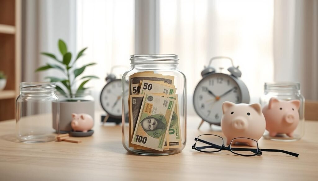 a 3D render of a modern, minimalist Canadian family's retirement savings, with a focal point on a clear glass jar filled with a stack of Canadian dollar bills, positioned on a light wood table in a warm, natural light setting. The jar is surrounded by additional jars and piggy banks, representing different financial goals, with a potted plant, a clock, and a pair of reading glasses creating a cozy, thoughtful atmosphere. The composition emphasizes the importance of disciplined, long-term retirement planning, with clean lines and a calming color palette reflecting the Canadian financial landscape.