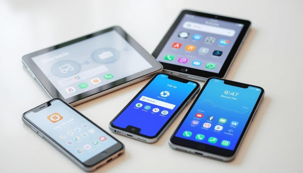 a detailed, high-resolution, photorealistic image of a collection of popular budgeting apps displayed on the screens of smartphones and tablets, arranged on a clean, minimalist desk or table with a plain white or light-colored background. The apps should be clearly visible, with crisp, sharp icons and user interfaces. The overall scene should have a modern, sleek, and professional aesthetic, with natural lighting and a sense of simplicity and organization. The image should convey the idea of effective financial management and budgeting tools for international students in Canada.