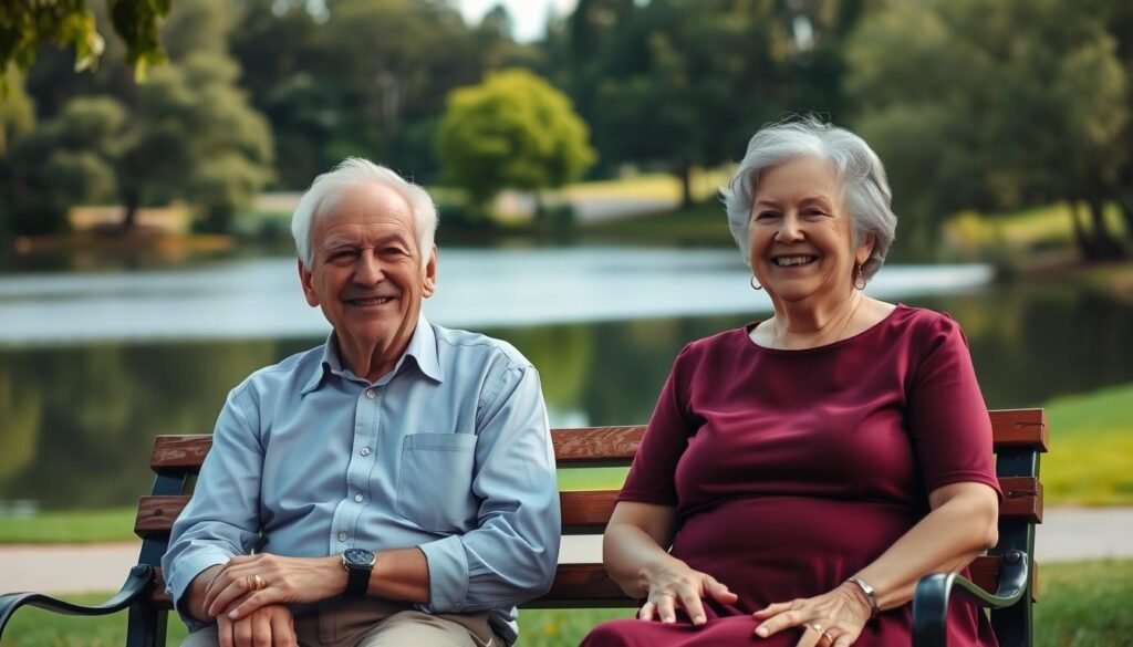 a high-resolution photograph of an elderly couple enjoying their retirement, sitting on a park bench with a tranquil lake and lush greenery in the background. The couple is well-dressed, with the man in a collared shirt and the woman in a stylish dress, both with warm, content expressions. The lighting is soft and natural, creating a serene and peaceful atmosphere. The image captures the financial security and leisure that retirement can provide, symbolizing the concept of "age pension" in the context of retirement planning in Australia.