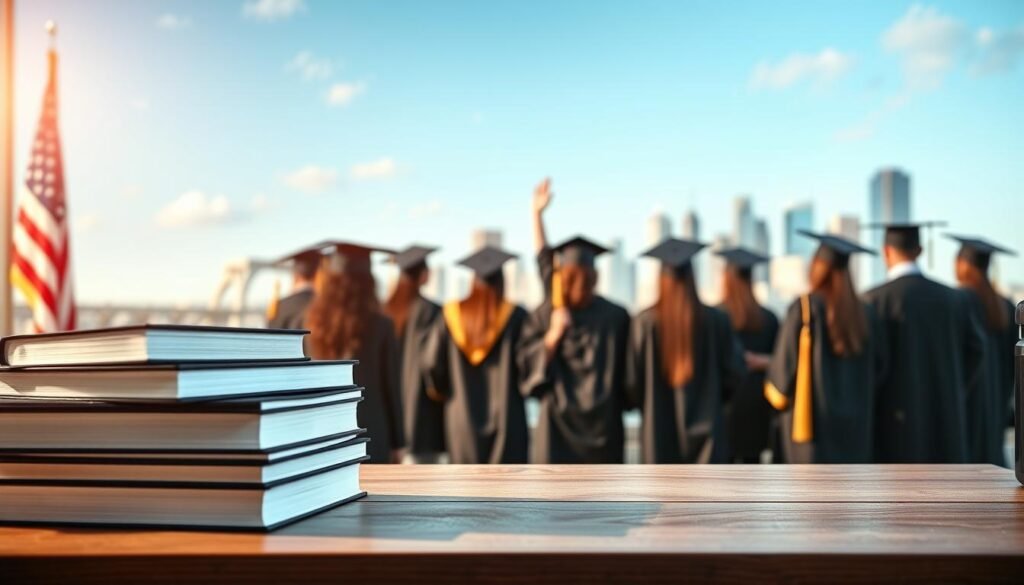 a highly detailed, photo-realistic image of graduate business scholarships in the USA. The foreground features a stack of books and a graduation cap on a wooden desk, symbolizing academic achievement. The middle ground showcases a group of diverse students in caps and gowns, celebrating their success. In the background, an American flag and cityscape with skyscrapers create a patriotic, aspirational atmosphere. The lighting is soft and warm, accentuating the sense of accomplishment and opportunity. The entire scene conveys the prestige and value of graduate business scholarships in the United States.