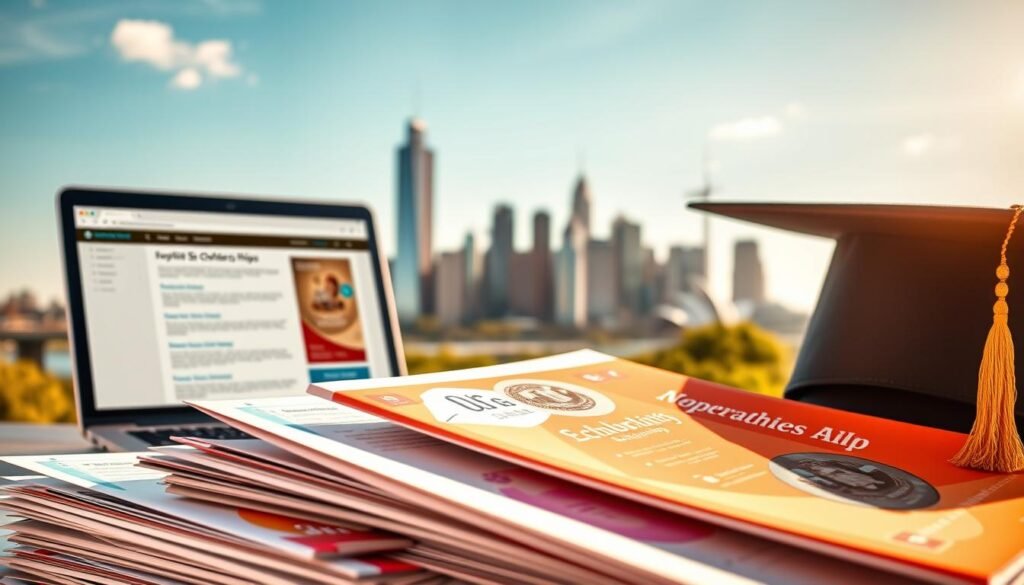a highly detailed, photo-realistic image of undergraduate scholarships in Australia. In the foreground, a stack of colorful application forms and brochures with university logos, scholarships, and financial aid information. In the middle ground, a laptop displaying an online scholarship application with a university crest, and a mortar board graduation cap. In the background, the iconic skyline of a major Australian city like Sydney or Melbourne, bathed in warm afternoon sunlight. The composition should convey a sense of opportunity, academic excellence, and the promise of a bright future for university students. The lighting should be natural and soft, creating a welcoming and aspirational atmosphere. The focus and depth of field should draw the viewer's attention to the scholarships and application materials in the foreground.