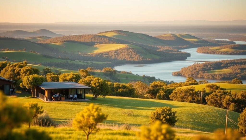 a serene landscape of rolling hills and lush greenery in the Australian countryside, with a modern home or office building nestled in the foreground, surrounded by trees and overlooking a tranquil lake or river. The scene is bathed in warm, golden sunlight, creating a cozy and inviting atmosphere. In the middle ground, several people can be seen working remotely on their laptops, enjoying the scenic view and the peace and quiet of the remote location. The background features distant mountains or a picturesque horizon, emphasizing the sense of isolation and connection to nature that characterizes remote work opportunities in Australia.