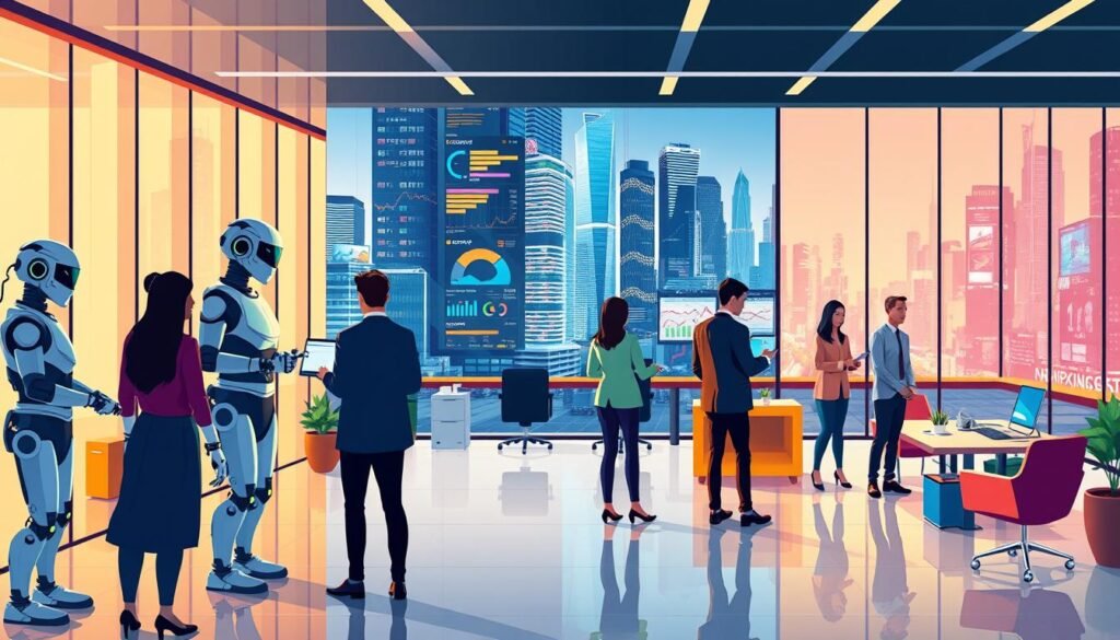 a vibrant digital illustration depicting the evolving role of automation in the modern workplace. In the foreground, a group of diverse professionals interact with advanced technology, including robots, AI-powered software, and data visualization dashboards. The middle ground showcases a dynamic office environment, with sleek, minimalist furniture and floor-to-ceiling windows bathing the space in warm, natural light. In the background, a cityscape of towering skyscrapers and bustling streets suggests the fast-paced, technology-driven landscape of the finance industry. The overall scene conveys a sense of innovation, efficiency, and the seamless integration of human expertise and automated processes, reflecting the job market forecast for UK finance graduates.