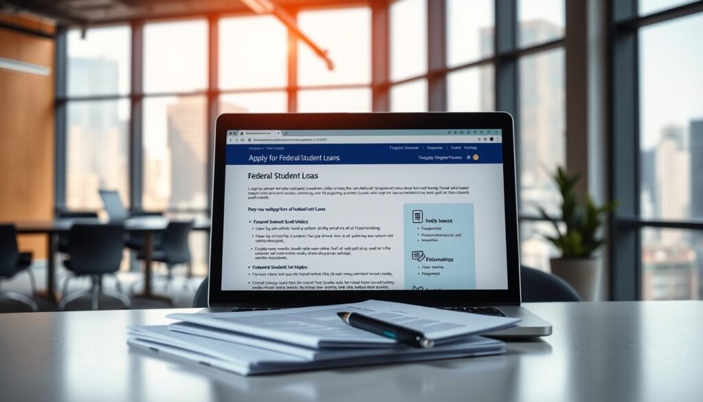 a well-lit office desk with a laptop, a stack of documents, and a pen, set against a backdrop of a modern, airy workspace with large windows overlooking a cityscape; the desk is neatly organized, conveying a sense of professionalism and attention to detail; the laptop screen displays a web page with information about applying for federal student loans in the USA, with clear, easy-to-understand instructions and graphics; the overall atmosphere is one of productivity, diligence, and a commitment to navigating the complexities of the student loan application process.