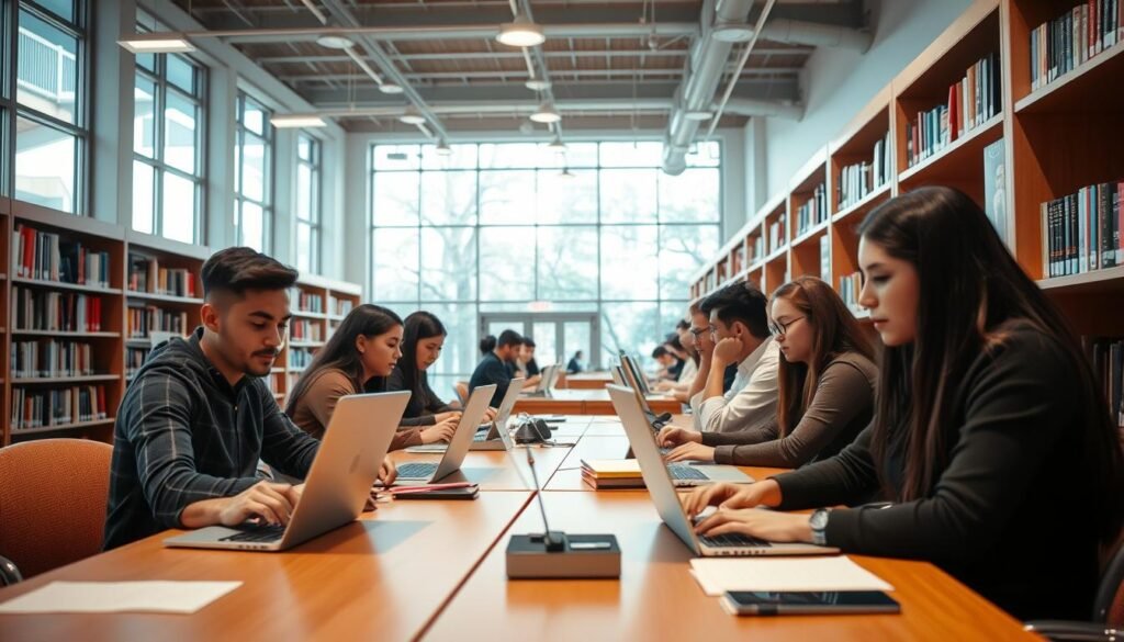 on-campus employment, university students working in library, campus store, or computer lab, bright natural lighting, warm color palette, detailed interiors with bookshelves, desks, and laptops, diverse ethnicities and nationalities represented, a sense of productivity and learning, lens at eye level, wide angle to capture the full scene, overall calm and focused atmosphere