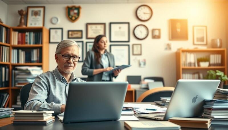 A bright, warmly lit university office with a professional yet welcoming atmosphere. In the foreground, a faculty member sits at a desk, laptop open, surrounded by stacks of papers and books. Their expression is one of focused engagement, ready to provide guidance and support. In the middle ground, a graduate student stands before the desk, laptop in hand, engaged in an animated discussion. The background features bookshelves, certificates, and university memorabilia, conveying a sense of academic expertise and dedication. Soft, diffused lighting casts a gentle glow, creating an atmosphere of collaboration and intellectual pursuit.