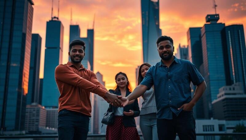 A bustling city skyline at dusk, with towering glass skyscrapers silhouetted against a vibrant orange and pink sunset. In the foreground, a group of diverse individuals - a young entrepreneur, a philanthropist, a student, and a community leader - stand united, their hands joined in a symbolic gesture of collaboration and change-making. Soft, directional lighting illuminates their determined expressions, casting dramatic shadows that convey a sense of impactful progress. The scene exudes a palpable energy, capturing the essence of graduate business school scholarships UK MBA - a transformative pathway for driven individuals to make a lasting difference in their communities and the world.