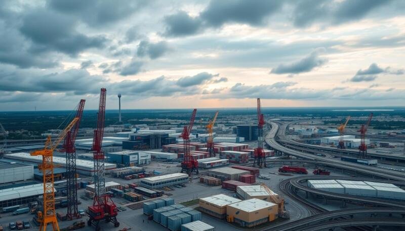 A bustling industrial landscape, captured through the lens of a wide-angle camera. In the foreground, towering cranes and gleaming metal structures rise into a cloudy, dramatic sky. The middle ground features a mix of modern factories, warehouses, and distribution centers, their facades adorned with bold company logos. In the background, a network of highways and railways weaves through the scene, connecting this thriving industrial hub to the broader economic landscape. The lighting is a blend of warm, golden tones and cool, industrial shadows, creating a sense of dynamism and productivity. The overall composition conveys the scale, complexity, and vital role of industries in driving economic growth and opportunity.
