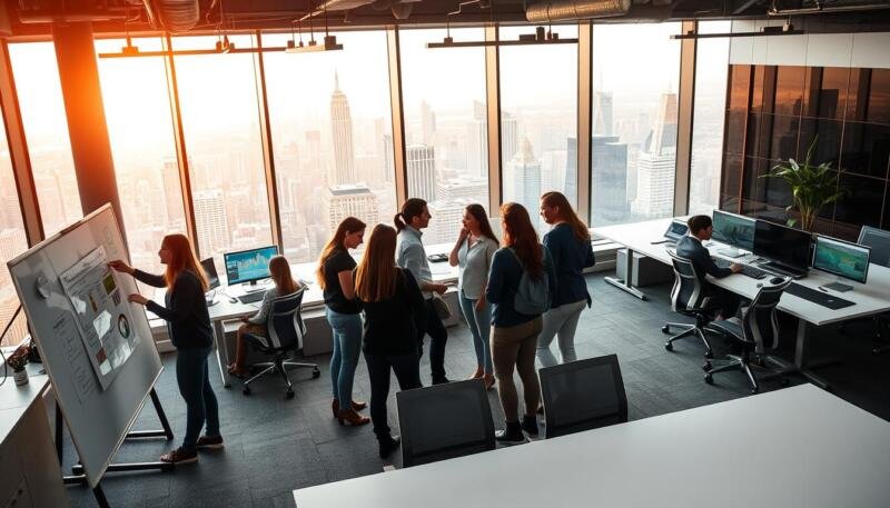 A bustling office setting with young professionals engaged in collaborative work. In the foreground, a group of interns gathered around a whiteboard, brainstorming ideas and discussing project plans. The middle ground features a modern, open-concept workspace with sleek desks, ergonomic chairs, and state-of-the-art computer equipment. Warm, natural lighting filters in through large windows, creating a bright and productive atmosphere. In the background, a panoramic view of a vibrant city skyline, symbolizing the vast opportunities available to finance graduates who seize the chance to build experience and expand their professional network. The scene exudes a sense of energy, innovation, and the promise of career growth.