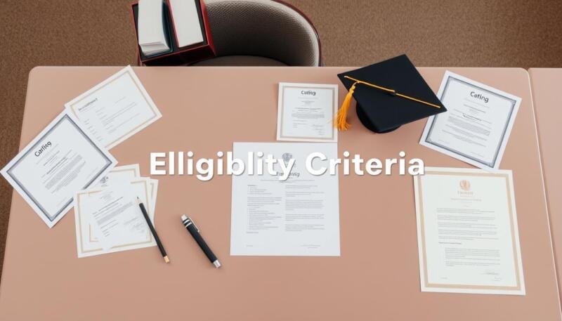 A crisp, clear image of a desk with various documents, certificates, and a graduation cap, all arranged neatly to convey the concept of "Eligibility Criteria". The lighting is soft and natural, with a warm, inviting tone. The camera angle is slightly elevated, providing a birds-eye view of the scene, emphasizing the organized and well-structured nature of the requirements. The background is a muted, professional office setting, allowing the key elements to take center stage. The overall atmosphere is one of academic excellence, with a sense of accomplishment and opportunity.