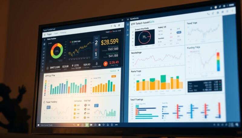 A detailed, high-resolution image of a computer monitor displaying various financial metrics and analytics for an ETF (Exchange Traded Fund). The screen shows a dashboard with interactive charts, graphs, and data visualizations related to the screening and evaluation of tech-focused ETFs. The display has a clean, modern aesthetic with a minimalist, data-driven interface. Warm, natural lighting illuminates the scene, creating a professional, analytical atmosphere. The angle is slightly elevated, providing a clear view of the screen's contents without distracting background elements.