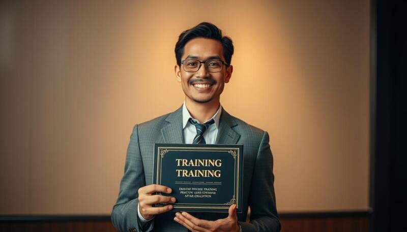 A distinguished individual standing confidently, holding a prestigious training award in their hands. The award gleams under soft, warm lighting, casting a subtle glow on the recipient's face, which exudes a sense of pride and accomplishment. The background is a refined, professional setting, with a subtle, blurred pattern or texture that complements the scene, creating a sense of elegance and success. The composition is well-balanced, with the award holder taking center stage, and the overall atmosphere conveys a feeling of recognition and achievement.