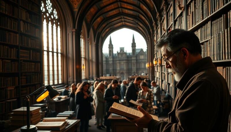 A grand library in the heart of a university campus, sunlight filtering through tall windows illuminating the rows of books on ancient shelves. In the foreground, a scholar in deep contemplation, their face lit by the warm glow of a desk lamp as they pore over ancient tomes. In the middle ground, students engaged in lively discourse, gesturing animatedly as they discuss the philosophical and historical ideas that define the humanities. The background is a panoramic view of the campus, Gothic architecture standing as a testament to the legacy of intellectual inquiry. The mood is one of reverence, curiosity, and the timeless pursuit of knowledge.
