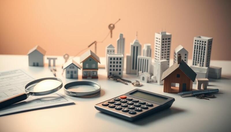 A meticulously composed still life featuring a diverse array of property investment-related items. In the foreground, a magnifying glass, calculator, and financial documents are neatly arranged on a sleek, minimalist desk. In the middle ground, various real estate symbols such as a house icon, keys, and a city skyline model are displayed, conveying the essence of property ETF selection. The background is bathed in soft, warm lighting, creating a contemplative and professional atmosphere, ideal for illustrating the "Choosing the right property ETF for your goals" section of the article. The overall composition strikes a balance between simplicity and informative detail, seamlessly blending practical and conceptual elements.
